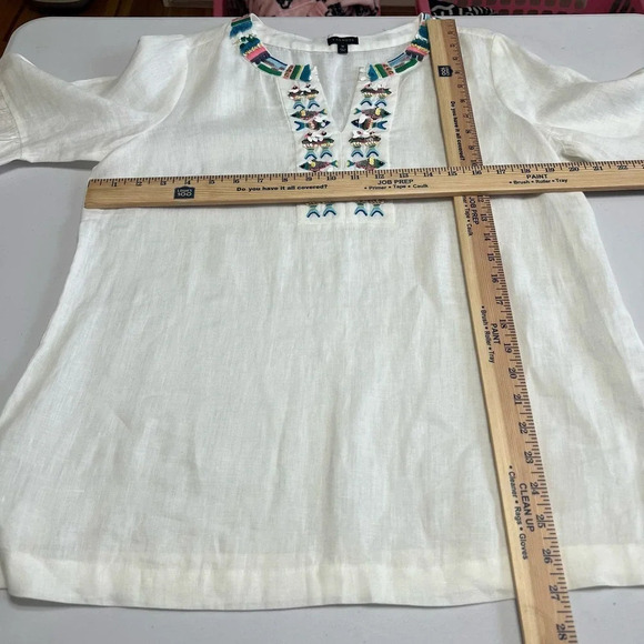 Talbots 100% Linen White Embroidered Fish  Shirt Bell Sleeves Size M - Picture 3 of 13